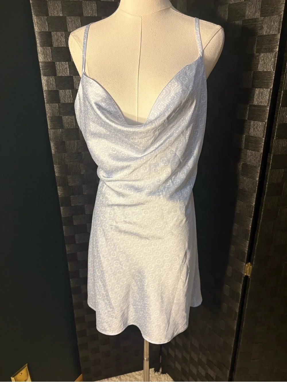 Hollister Co. Blue & White Geometric Damask Satin Cowl Neck Slip Mini Dress